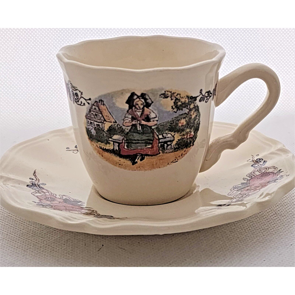 Cup-Saucer-Obernai-Faienceries Sarreguemines-France-Girl On A Bench